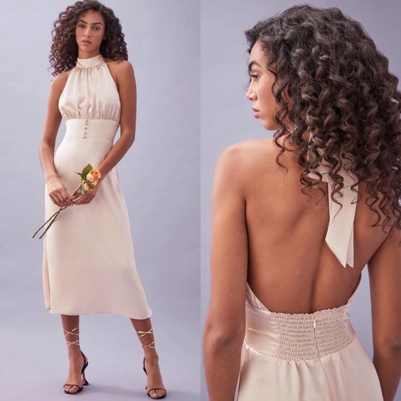 Reformation Dresses & Skirts - Reformation Champagne Cream Almond Silk Kailey Halter Midi Dress - 12
